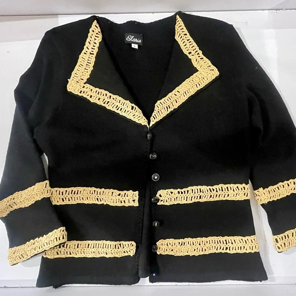 Elaris Black Crochet Trim Cardigan Blouse Gold Button Top Boho Chic Sweater Top
